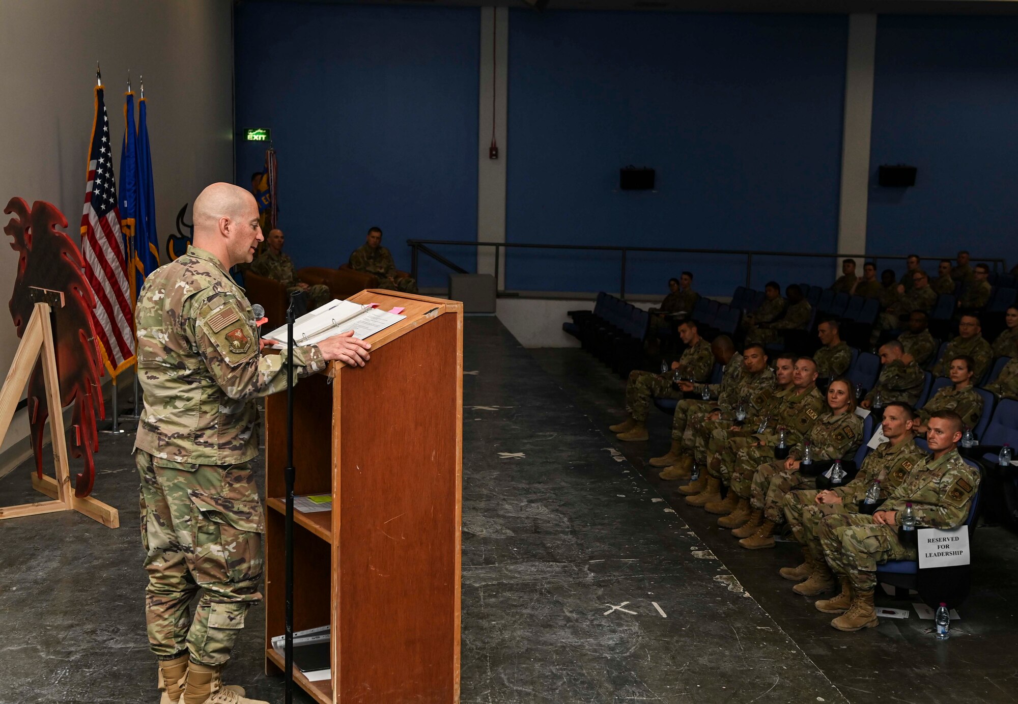 Col. Clifford M. Theony, 1st Expeditionary Civil Engineer Group outgoing commander, provides farewell remarks as he relinquishes command of the 1st ECEG, during the unit’s change of command ceremony at Al Udeid Air Base, Qatar June 21, 2022.