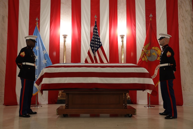 CWO4 Hershel “Woody” Williams, the last living Medal of Honor recipient from World War II, was honored at Memorial services in Charleston, W. Va. Family, friends, fellow Marines, and people from all over the country came to pay respects to Woody while he lay in state at the State Capitol Rotunda, July 2 and 3. A State Memorial Service in Woody’s honor was held at the State Culture Center Theater the afternoon of July 3. The service included several tributes, to include special remarks by the Commandant of the Marine Corps, General David. H. Berger, and the Sergeant Major of the Marine Corps, Sgt. Maj. Troy E. Black.