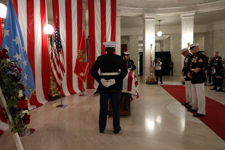 CWO4 Hershel “Woody” Williams, the last living Medal of Honor recipient from World War II, was honored at Memorial services in Charleston, W. Va. Family, friends, fellow Marines, and people from all over the country came to pay respects to Woody while he lay in state at the State Capitol Rotunda, July 2 and 3. A State Memorial Service in Woody’s honor was held at the State Culture Center Theater the afternoon of July 3. The service included several tributes, to include special remarks by the Commandant of the Marine Corps, General David. H. Berger, and the Sergeant Major of the Marine Corps, Sgt. Maj. Troy E. Black.