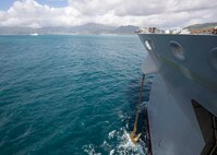 The Lewis B. Puller-class expeditionary sea base USS Hershel "Woody" Williams (ESB 4) moves into position to anchor out at Victoria, Seychelles, July 3, 2022.