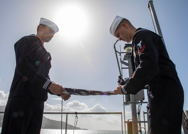 The Lewis B. Puller-class expeditionary sea base USS Hershel "Woody" Williams (ESB 4) moves into position to anchor out at Victoria, Seychelles, July 3, 2022.