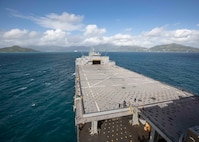 The Lewis B. Puller-class expeditionary sea base USS Hershel "Woody" Williams (ESB 4) moves into position to anchor out at Victoria, Seychelles, July 3, 2022.