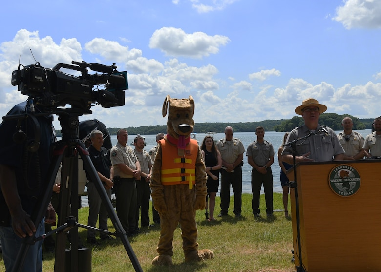 J. Percy Priest Lake Resource Manager Greg Thomas and Bobber the Water Safety Dog spoke at the TWRA Operation Dry Water press conference to share the importance of not operation boats or motor vehicles while under the influence for any reason, over the 4th of July weekend. The press conference was held at J. Percy Priest Lake in Nashville, Tennessee.