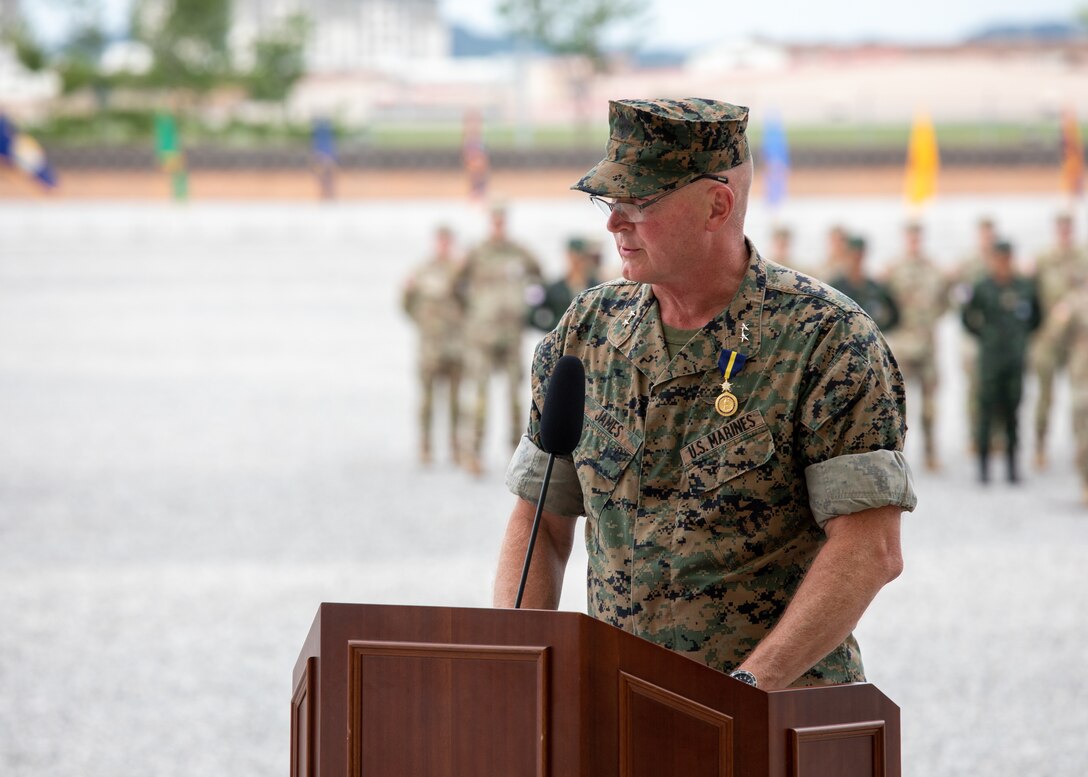 U.S. Marine Corps Forces Korea held a change of command ceremony to farewell the outgoing commander, Maj. Gen. Bradley S. James and welcome the incoming commander, Brig. Gen. Brian N. Wolford on Camp Humphreys, Republic of Korea, June 27, 2022.