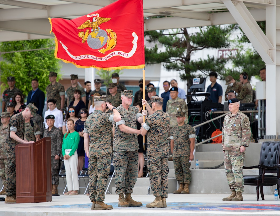 U.S. Marine Corps Forces Korea held a change of command ceremony to farewell the outgoing commander, Maj. Gen. Bradley S. James and welcome the incoming commander, Brig. Gen. Brian N. Wolford on Camp Humphreys, Republic of Korea, June 27, 2022.