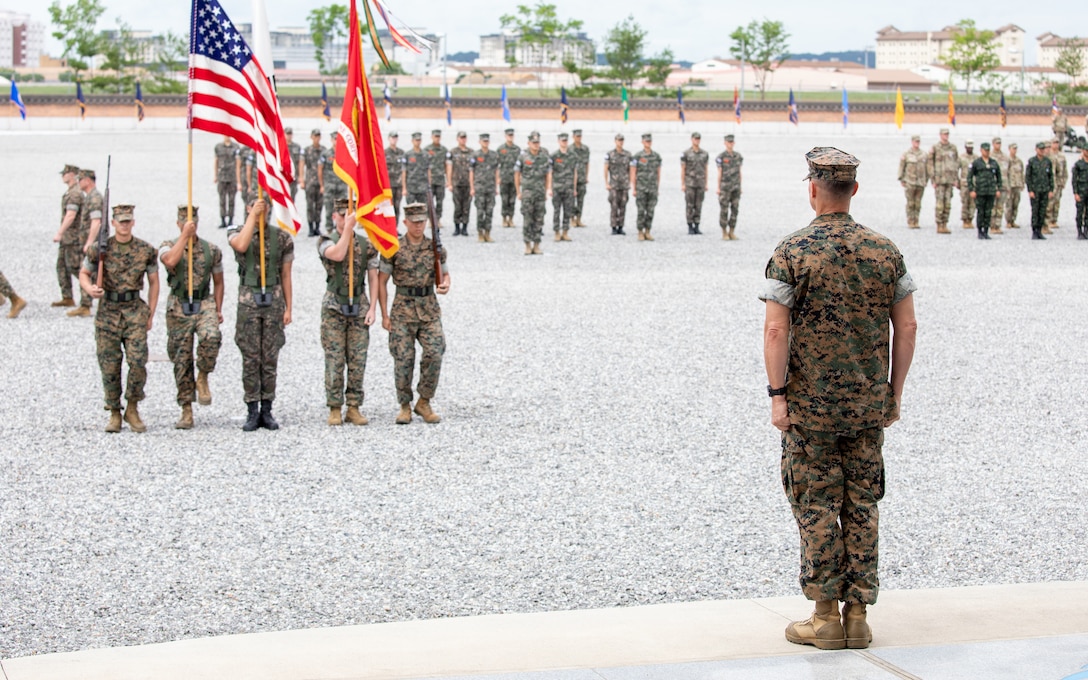 U.S. Marine Corps Forces Korea held a change of command ceremony to farewell the outgoing commander, Maj. Gen. Bradley S. James and welcome the incoming commander, Brig. Gen. Brian N. Wolford on Camp Humphreys, Republic of Korea, June 27, 2022.