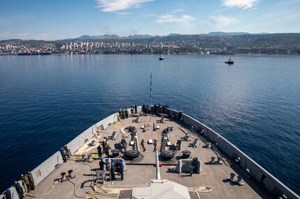 The San Antonio-class amphibious transport dock ship USS Arlington (LPD 24) arrives in Rijeka, Croatia for mid-deployment voyage repairs, July 4, 2022. Arlington is part of the Kearsarge Amphibious Ready Group and embarked 22nd Marine Expeditionary Unit, under the command and control of Task Force 61/2, on a scheduled deployment in the U.S. Naval Forces Europe area of operations, employed by U.S. Sixth Fleet, to defend U.S., allied and partner interests.