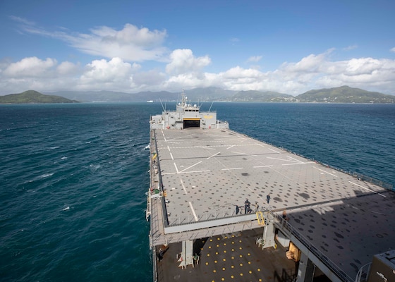 The Lewis B. Puller-class expeditionary sea base USS Hershel "Woody" Williams (ESB 4) moves into position to anchor out at Victoria, Seychelles, July 3, 2022.