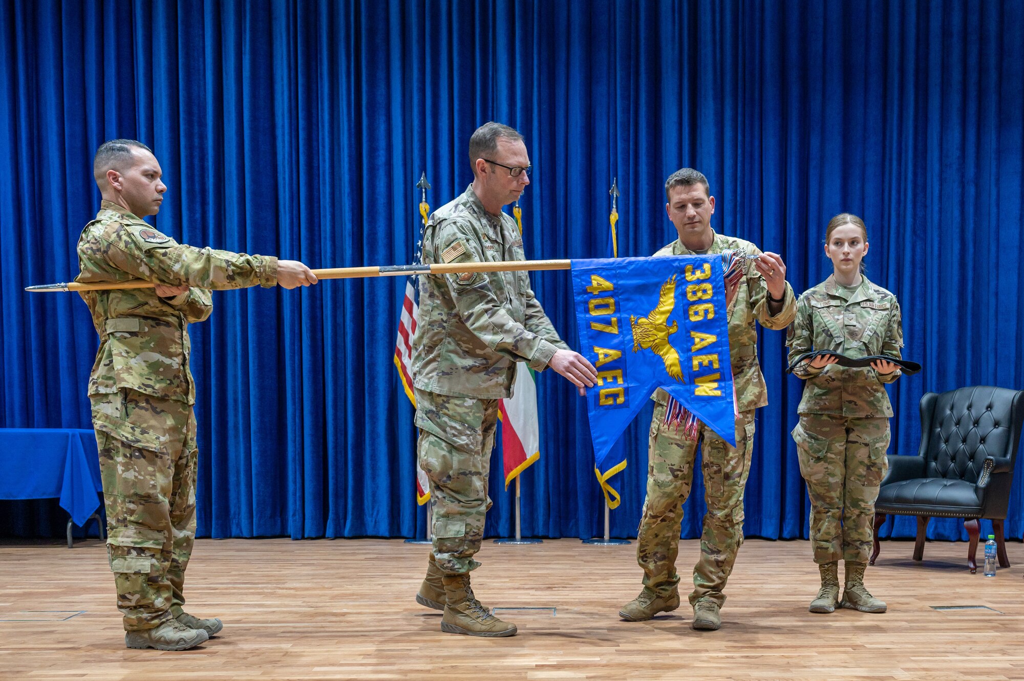 The 407th Air Expeditionary Group was inactivated during a ceremony at the base theater June 30, 2022.  This was the final group level inactivation ceremony for the 386th Air Expeditionary Wing as it shifted from the expeditionary group construct to the Air Staff model.