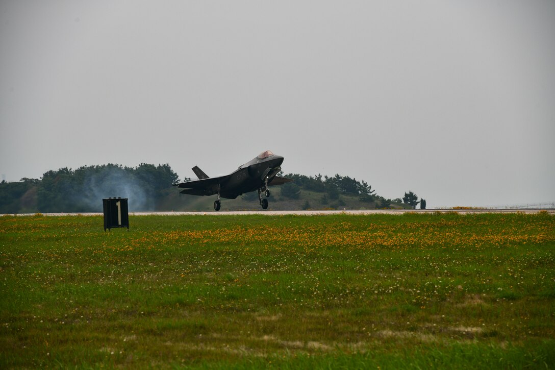 On July 5, United States Air Force F-35 aircraft from Eielson Air Force Base, Alaska arrive in the Republic of Korea to conduct flight operations alongside their ROK Air Force counterparts. Photo by U.S. Air Force.