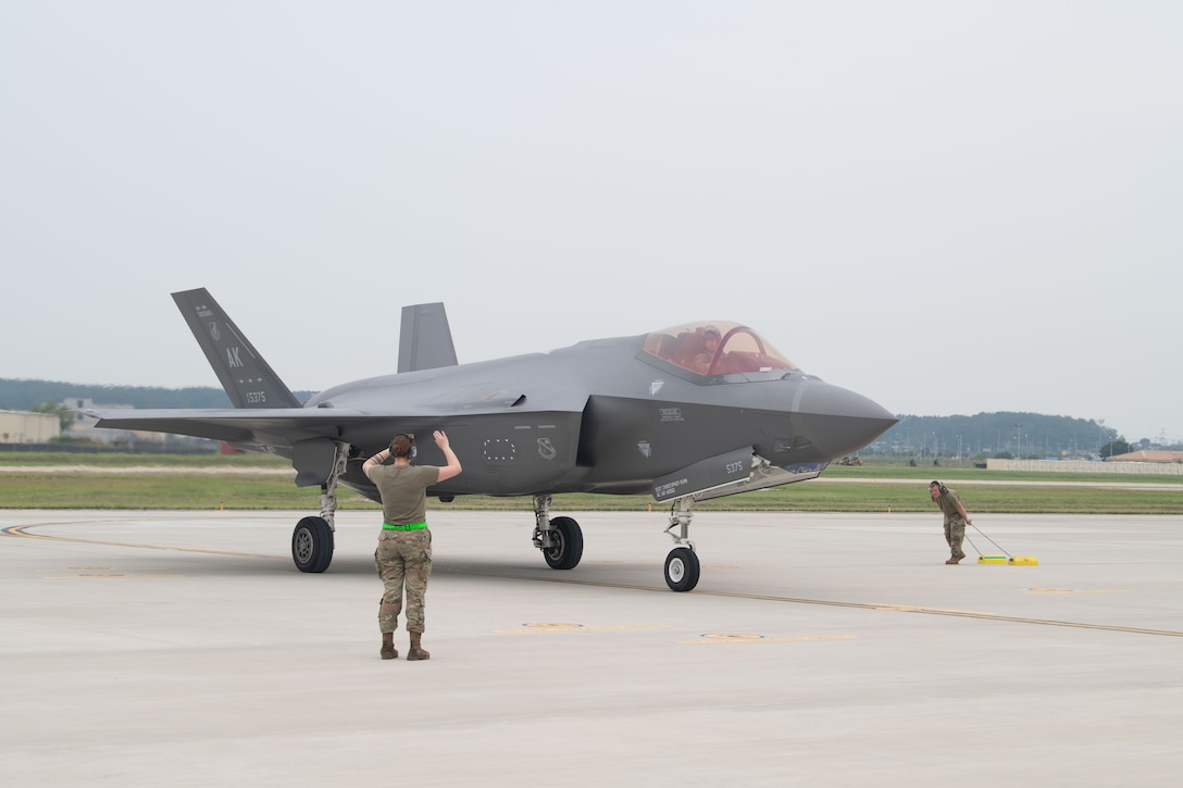 On July 5, United States Air Force F-35 aircraft from Eielson Air Force Base, Alaska arrive in the Republic of Korea to conduct flight operations alongside their ROK Air Force counterparts. Photo by U.S. Air Force.