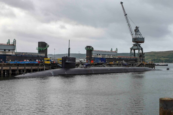 USS Rhode Island (SSBN 740), a nuclear powered Bomber Submarine stops at HMNB Clyde for a port visit whilst in UK strengthening ties between the USA and the UK.