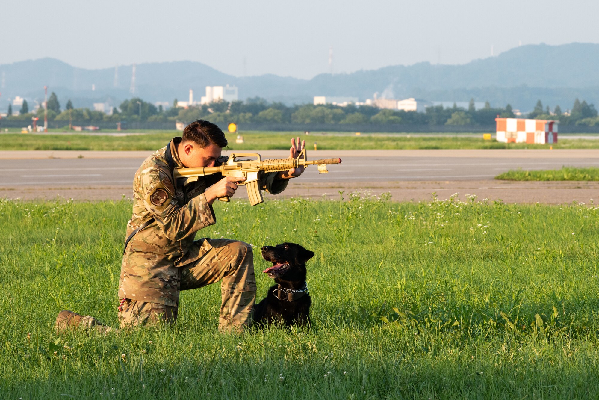 Senior Airman Tristen Hampton, 51st Security Forces Squadron military working dog handler, and MWD Chad, perform an obedience and detection demonstration during Liberty Fest at Osan Air Base, Republic of Korea, July 2, 2022.
