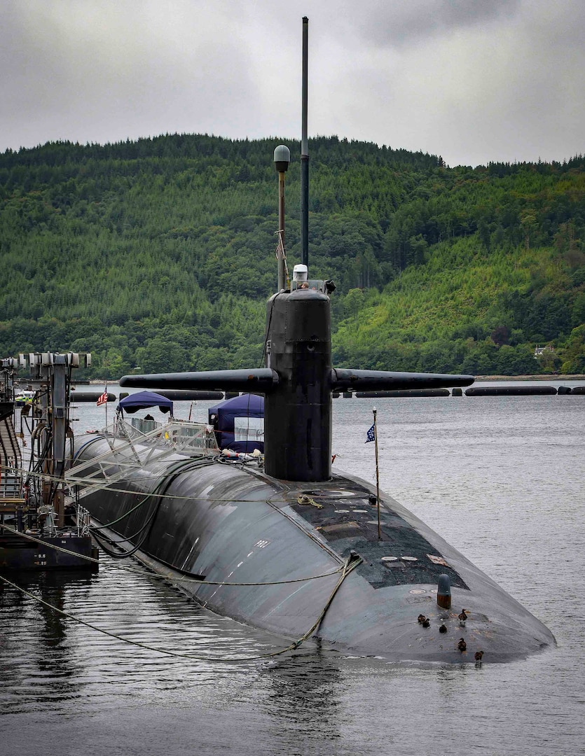 USS Rhode Island (SSBN 740), a nuclear powered Bomber Submarine stops at HMNB Clyde for a port visit whilst in UK strengthening ties between the USA and the UK.