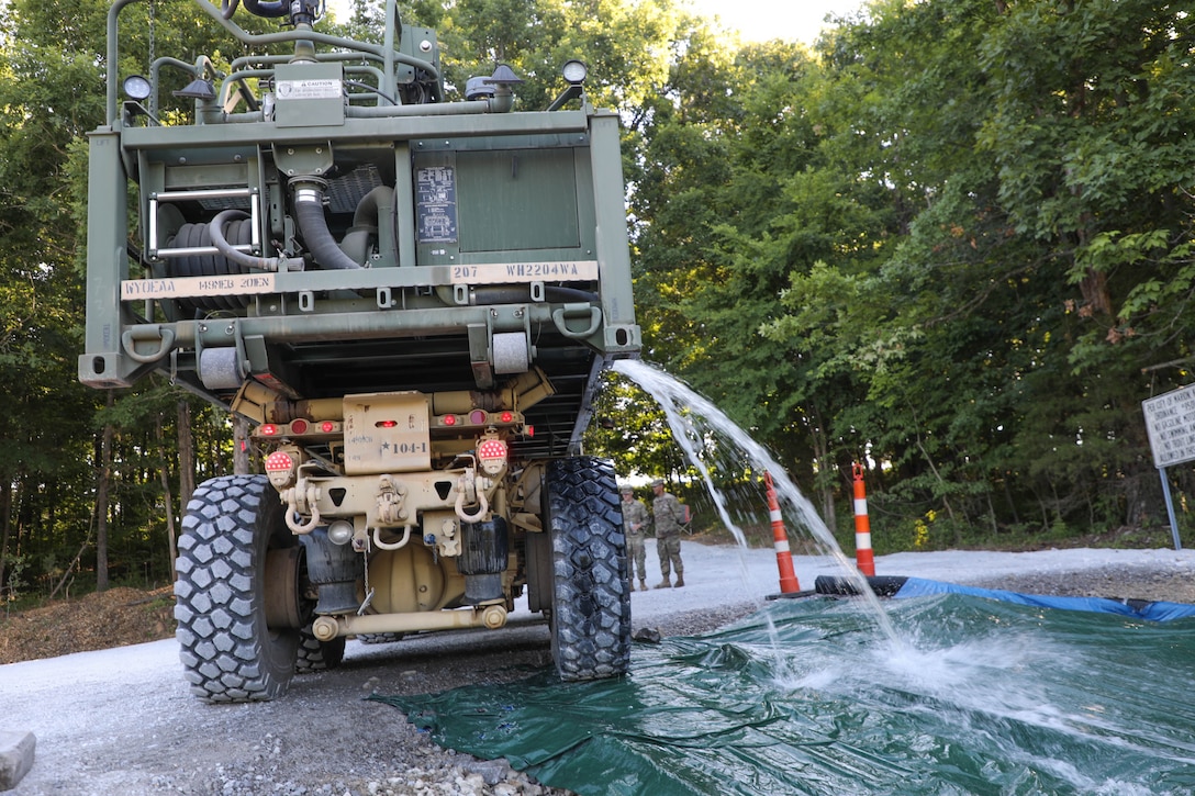 Soldiers from within the 149th Maneuver Enhancement Brigade began transporting water from the Trade Water River to Old City Lake, near Marion. Army Palletized Load System (PLS) vehicles transported non-potable storage tanks daily with the goal of moving up to 80,000 gallons of water to the reservoir to minimize decreasing lake concerns. In addition, bottled water was also distributed at the Old Marion Armory to town residents.