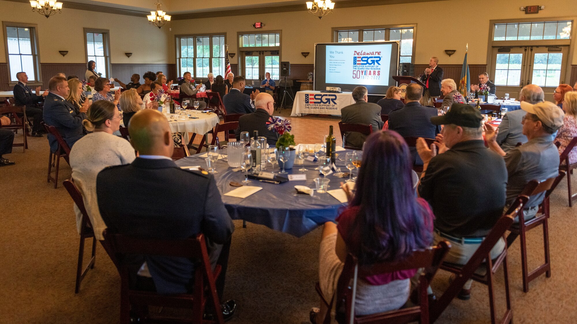 The Employer Support of the Guard and Reserve hosted its 50th Anniversary dinner at the Harvest Ridge Winery in Marydel, Delaware, June 29, 2022. The ESGR presented a Patriotic Employer Award, several Seven Seals Awards and a few Above and Beyond Awards. The ESGR offers employer programs and provides insight into the duties of Reservists and Guardsmen across all branches of the military. (U.S. Air Force photo by Senior Airman Ruben Rios)