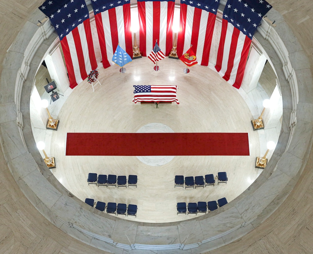 CWO4 Hershel “Woody” Williams, the last living Medal of Honor recipient from World War II, was honored at Memorial services in Charleston, W. Va. Family, friends, fellow Marines, and people from all over the country came to pay respects to Woody while he lay in state at the State Capitol Rotunda, July 2 and 3. A State Memorial Service in Woody’s honor was held at the State Culture Center Theater the afternoon of July 3. The service included several tributes, to include special remarks by the Commandant of the Marine Corps, General David. H. Berger, and the Sergeant Major of the Marine Corps, Sgt. Maj. Troy E. Black.