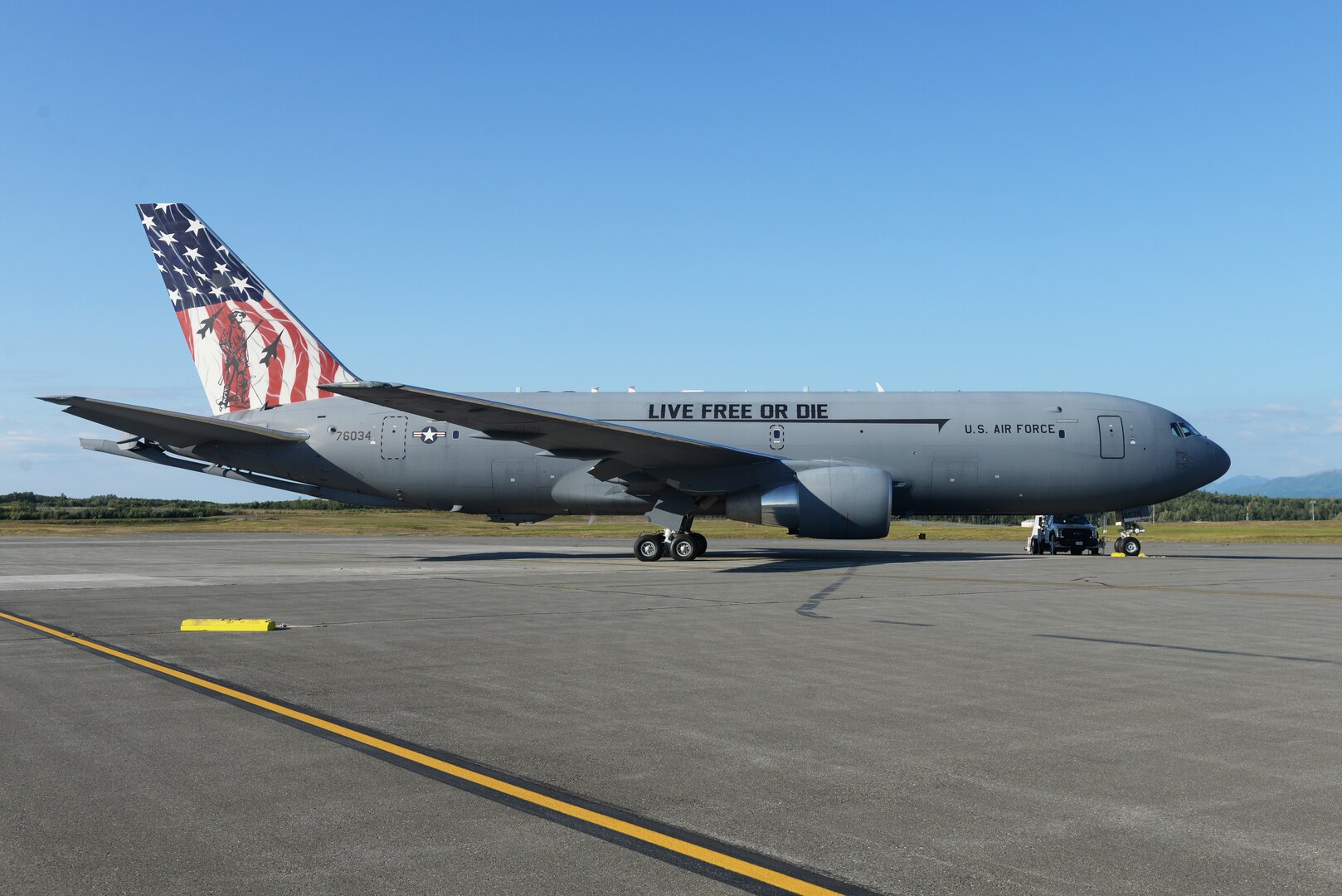 The Spirit of Portsmouth, a KC-46A assigned to the 157th Air Refueling Wing, sits in the evening sunlight on the ramp at Joint Base Elmondorf-Richardson, Alaska, June 30, 2022.