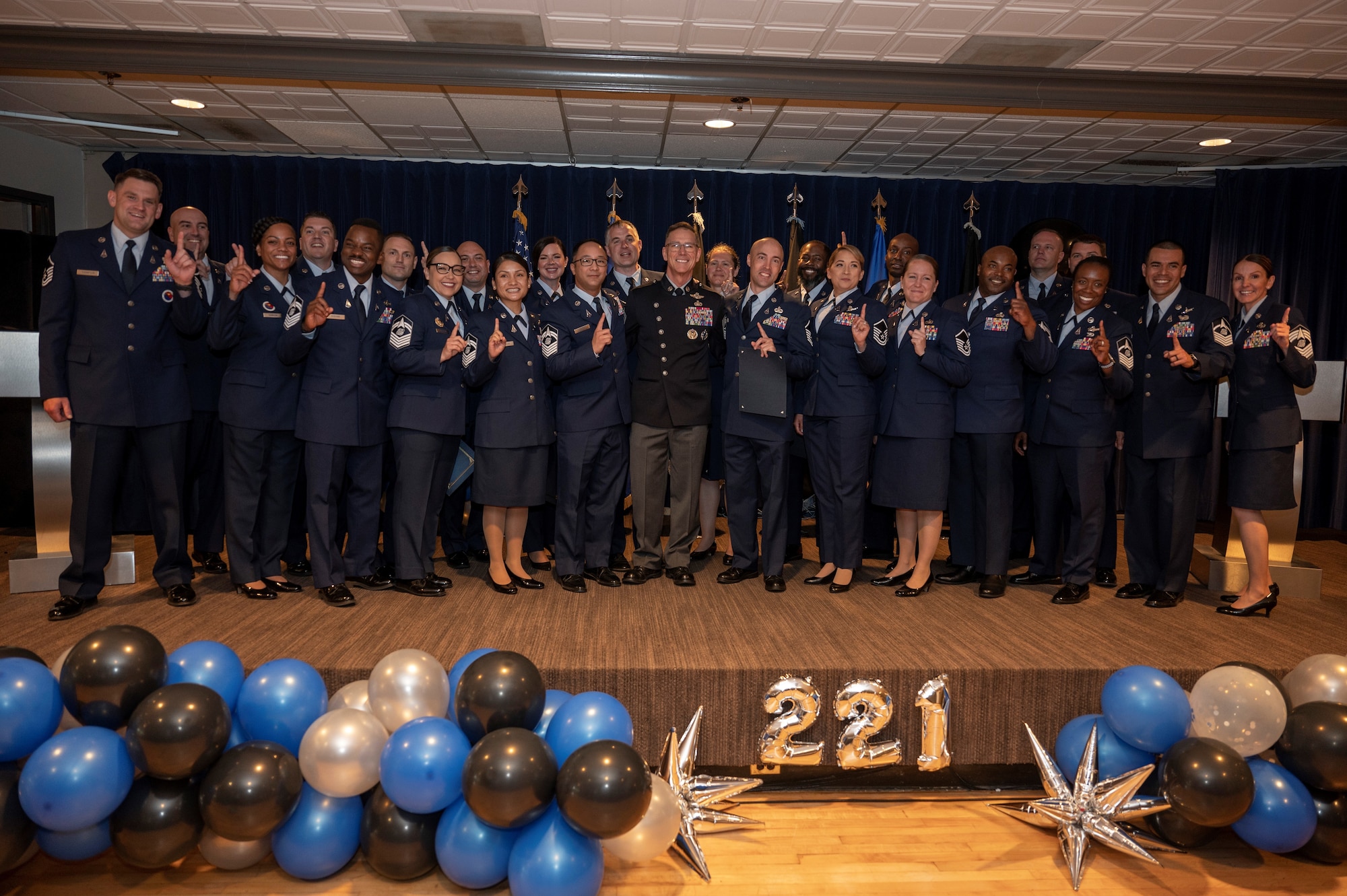 PETERSON SPACE FORCE BASE, Colo. – U.S. Space Force senior non-commissioned officers pose for a photo with Chief Master Sgt. of the Space Force Roger A. Towberman after their graduation from the Vosler NCO Academy at Peterson Space Force Base, Colorado, June 30, 2022. This class was the first-ever all Space Force SNCO class to graduate from the VNCOA. (U.S. Space Force Photo by Airman 1st Class Aaron Edwards)
