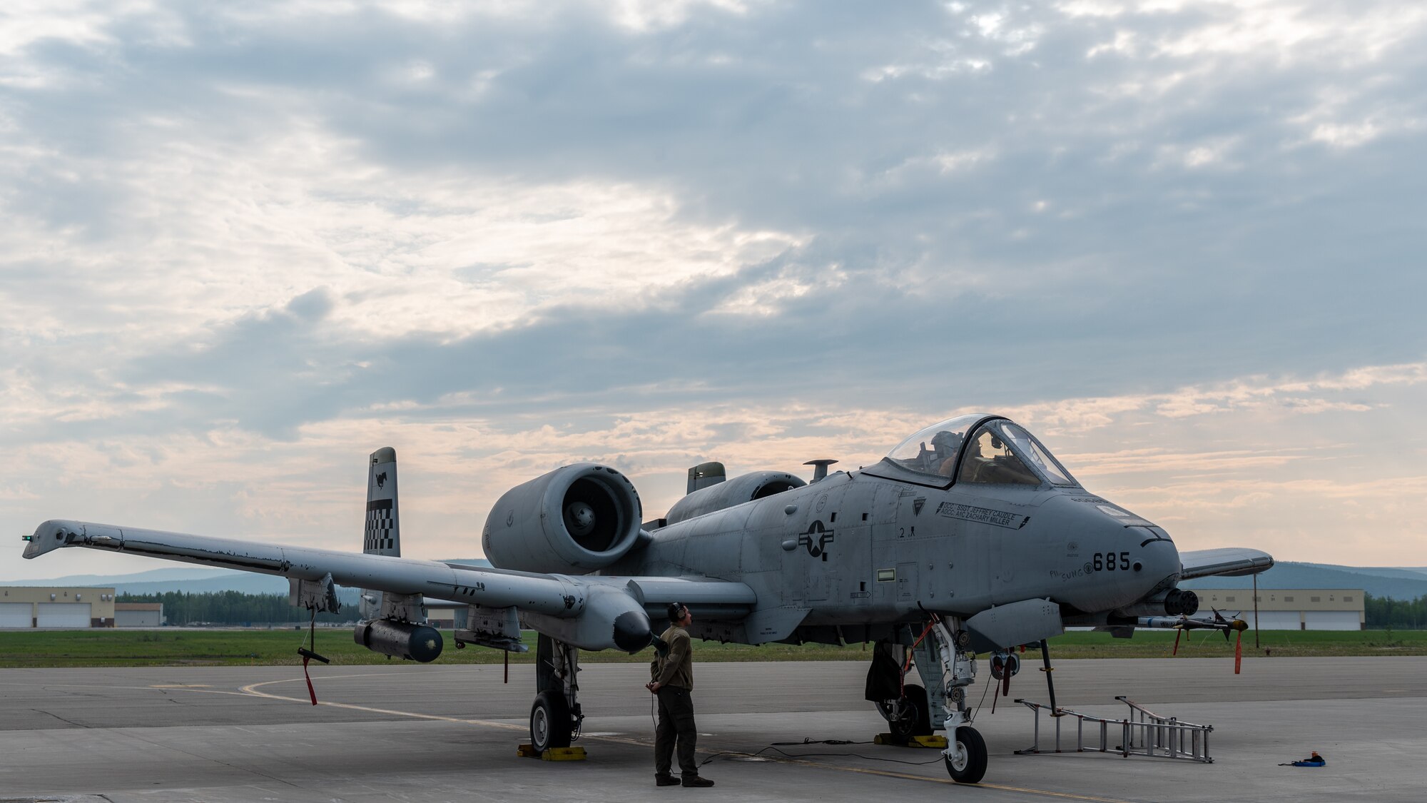 Members of the 25th Fighter Generation Squadron perform engine operational checks on an A-10 Thunderbolt II prior to flight operations as part of exercise RED FLAG-Alaska 22-2