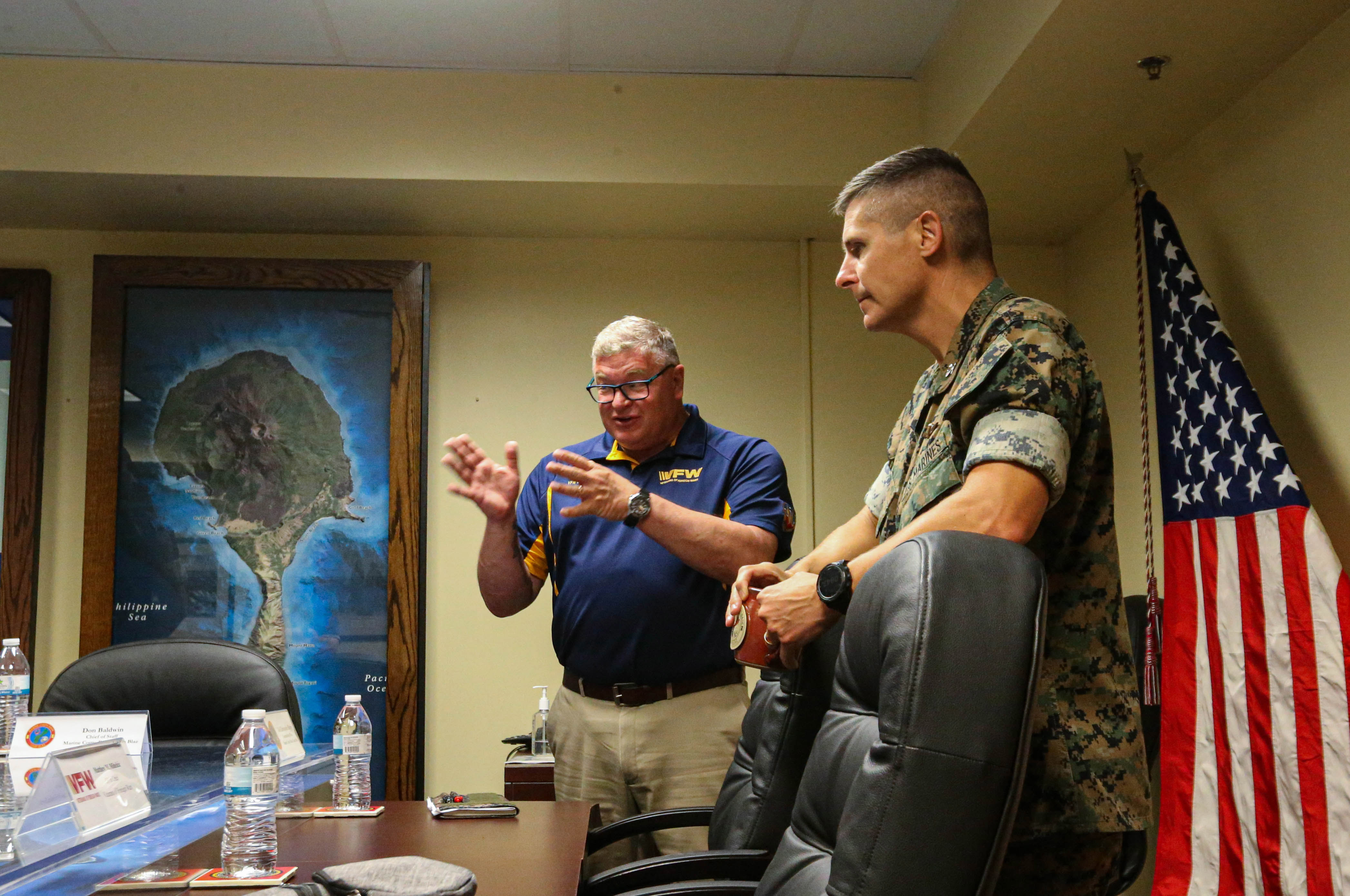 Mr. Matthew “Fritz” Mihelcic, the 113th Commander-in-Chief for the Veterans of Foreign Wars (VFW) of the U.S., left, speaks to U.S. Marine Corps Col. Christopher L. Bopp, commanding officer for Marine Corps Base (MCB) Camp Blaz, right, about their current legislative priorities during a tour of the base on Guam, June 30, 2022. The VFW offers veterans and military services congressional advocacy through the testimony of legislative priorities, which includes monitoring of all legislation affecting the services and their veterans. (U.S. Marine Corps photo by Gunnery Sgt. Rubin J. Tan)