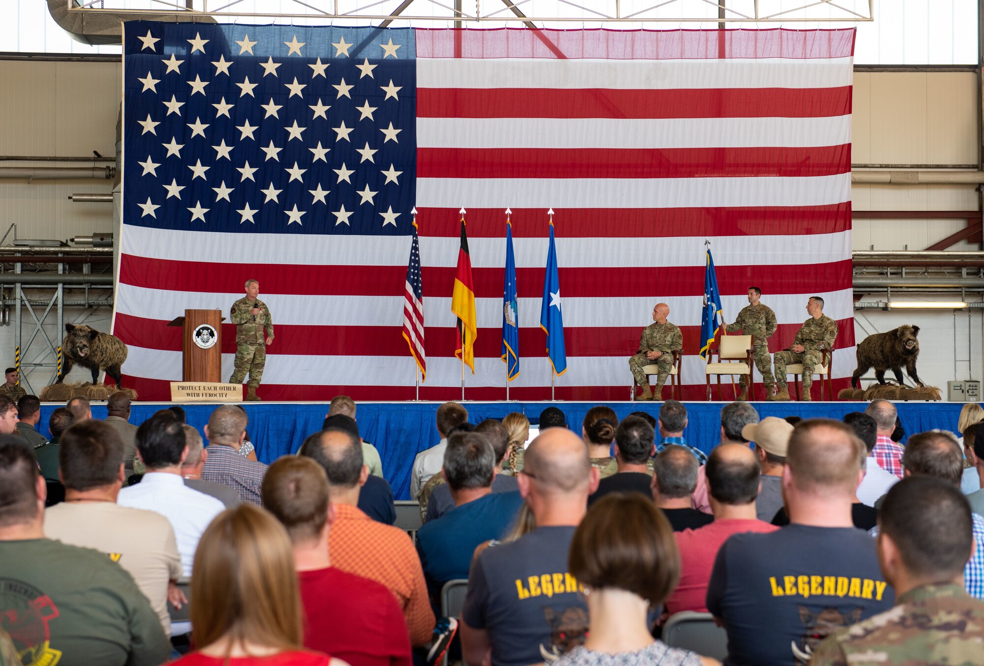 Attendees listen to U.S. Air Force Col. Christopher B. Meeker, 86th Civil Engineer Group outgoing commander, give a speech during the 86 CEG change of command ceremony at Ramstein Air Base, Germany