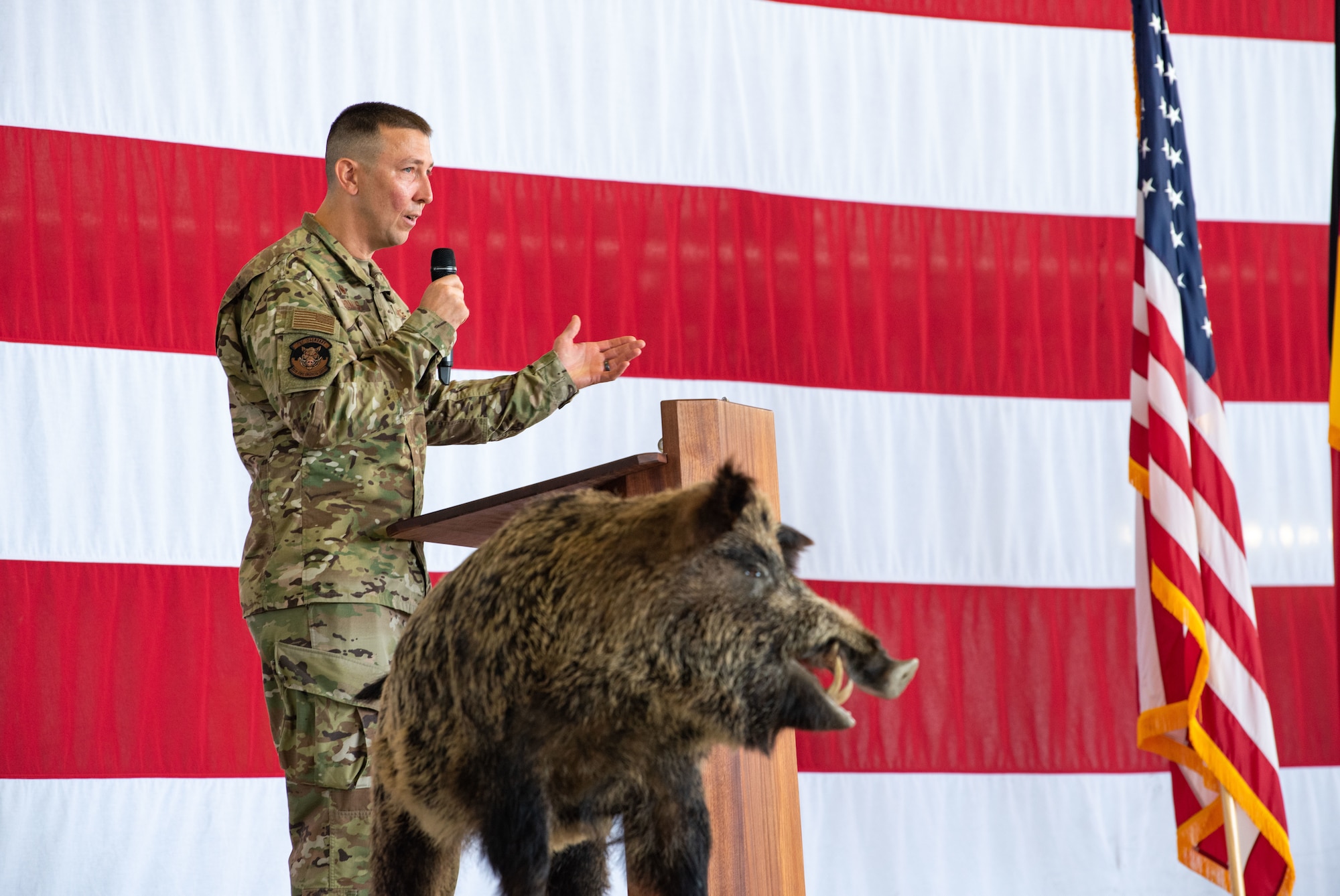 U.S. Air Force Col. Steven Thomas, 86th Civil Engineer Group incoming commander, gives a speech during the 86 CEG change of command ceremony at Ramstein Air Base, Germany