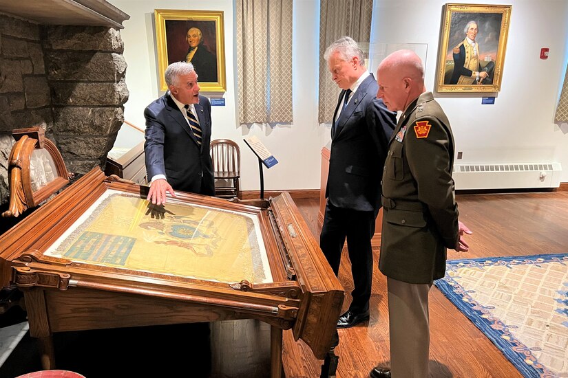 Lithuanian President Gitanas Nauseda visits the First Troop Philadelphia City Calvary Armory on July 2, 2022 in Philadelphia. President Nauseda met with Maj. Gen. Mark J. Schindler, the Adjutant General of Pennsylvania, and leaders of the Pennsylvania Departments of Military and Veterans Affairs (DMVA) and Community and Economic Development (DCED) to discuss economic opportunities and their 29-year state partnership program.