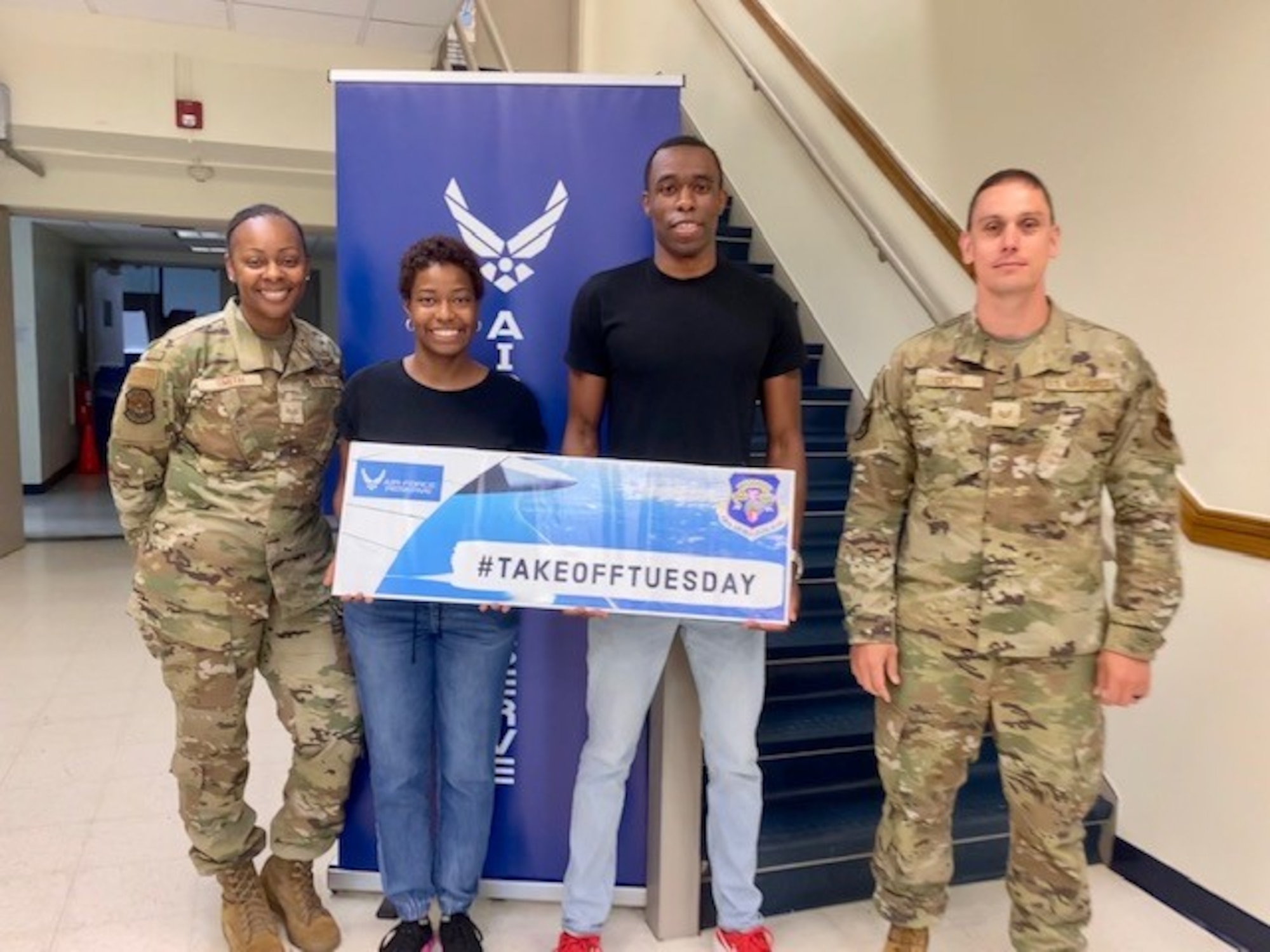 New 459th Air Refueling Wing recruits Sabrina Gibbs from Brooklyn, N.Y., and Ronald Alston from Warsaw, Va. Both are heading off to Air Force Basic Military Training and both will be members of the 459th Aeromedical Evacuation Squadron here. Pictured with them are Staff Sgt. Ceru Smith, 459th ARW Development & Training Flight Program Manager, and Tech Sgt. Stephen Ciotti of the 459th Force Support Squadron.