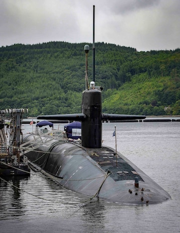 The Ohio-class ballistic-missile submarine USS Rhode Island (SSBN 740) is docked at Her Majesty's Naval Base, Clyde, United Kingdom, July 4, 2022.