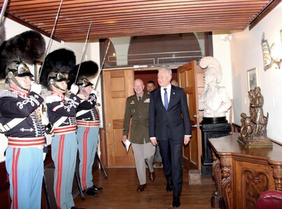 Lithuanian President Gitanas Nauseda and Maj. Gen. Mark J. Schindler, the adjutant general of Pennsylvania, visit the First Troop Philadelphia City Calvary Armory in Philadelphia July 2, 2022. The Pennsylvania National Guard and Lithuania have been partners for 29 years under the Department of Defense National Guard Bureau State Partnership Program.