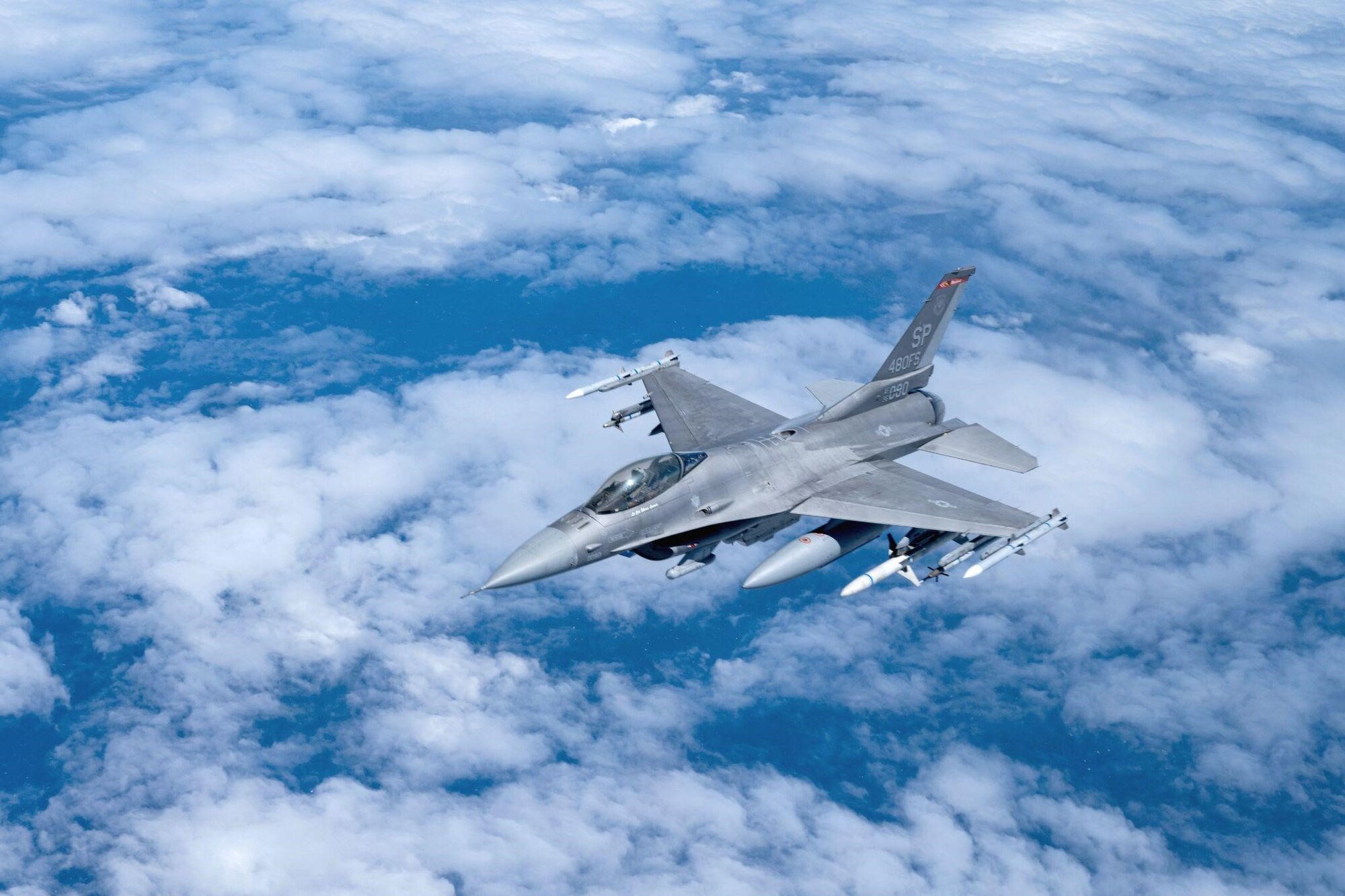 A U.S. Air Force F-16 Fighting Falcon assigned to the 480th Fighter Squadron, Spangdahlem Air Base, Germany, roams the skies above Spain during exercise Real Thaw 22, June 29, 2022. Real Thaw 22 is an annual multi-national training exercise held by the Portuguese air force who invited the participating nations to attend. (U.S. Air Force photo by Senior Airman Nicholas Swift)