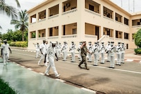U.S. Marine Corps Maj. Gen. Tracy W. King, commander of U.S. Marine Corps Forces Europe and Africa (MARFOREURAF) and the Senegalese Naval Chief of Staff Rear Adm. Oumar Wade conduct a pass and review of Senegalese Naval Forces during the Naval Infantry Leadership Symposium – Africa (NILS-A) 2022 in Dakar, Senegal, July 5, 2022.