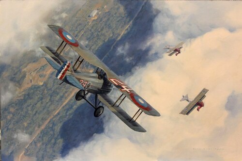 Photo of Darby Perrin's painting "The Last Ace" which depicts the Spad XIII flown by Lt. Charles d'Olive from the 93rd Aero Squadron, now the 93rd Bomb Squadron at Barksdale Air Force Base, Louisiana.