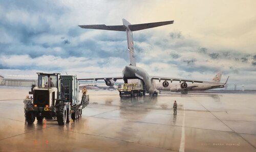 Darby Perrin's painting "We Move Your World" shows Grissom Air Reserve Base, Indiana, aerial porters loading a Reservist-flown C-17 with equipment bound for hurricane-ravaged Puerto Rico in 2019.