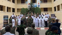 Naval Infantry Leaders Symposium-Africa (NILS-A) participants pose for a photo in Dakar, Senegal, July 5, 2022. NILS-A is a multinational, Africa focused forum, designed to bring together partner nations with marine forces and naval infantries to develop interoperability, crisis response capabilities, and foster relationships which will improve Africa’s maritime domain security. (U.S. Marine Corps photo by Sgt. William Chockey)