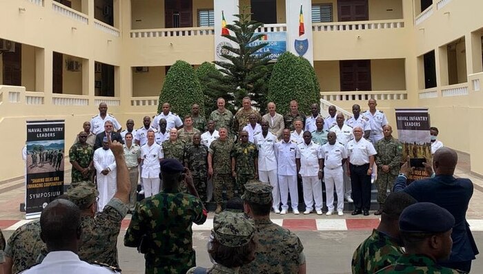 Naval Infantry Leaders Symposium-Africa (NILS-A) participants pose for a photo in Dakar, Senegal, July 5, 2022. NILS-A is a multinational, Africa focused forum, designed to bring together partner nations with marine forces and naval infantries to develop interoperability, crisis response capabilities, and foster relationships which will improve Africa’s maritime domain security. (U.S. Marine Corps photo by Sgt. William Chockey)
