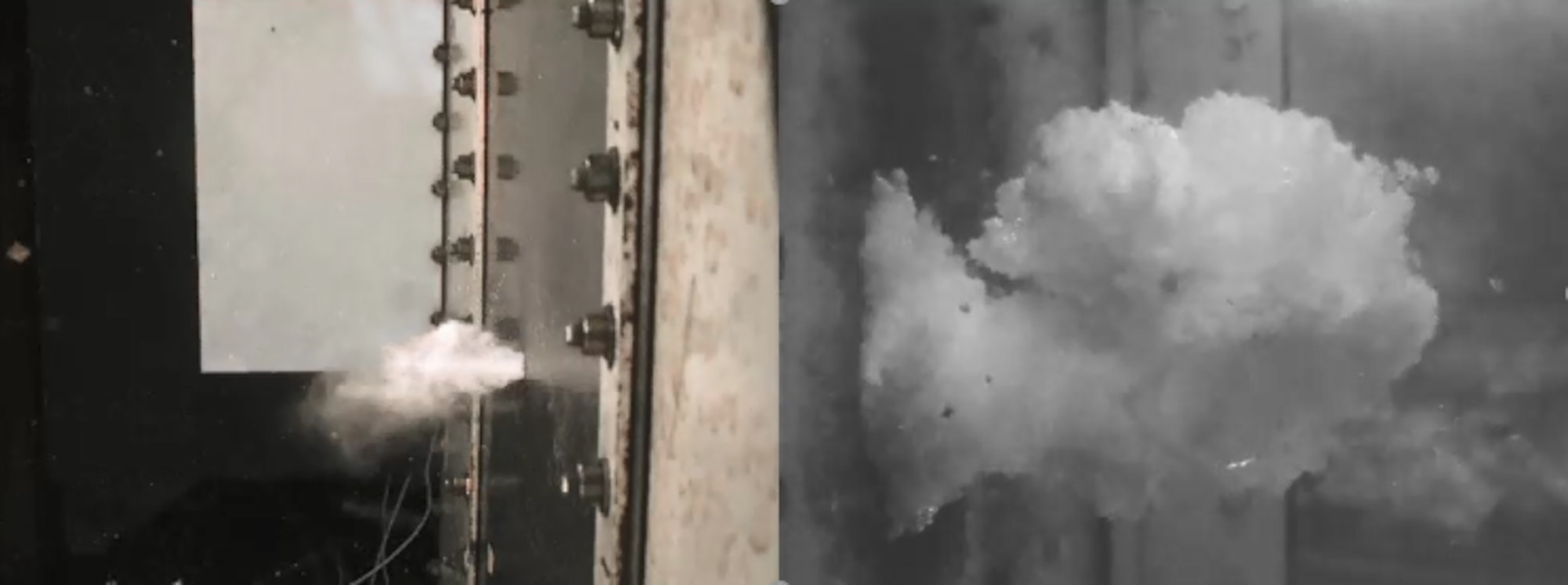 The impact of a projectile on a fuel cell is assessed at the Aerospace Vehicle Survivability Facility (AVSF). The left side of the image shows the fluid spurt on the exterior of the fuel cell and the right side shows the corresponding internal cavitation. The AVSF is responsible for developing and executing aircraft live fire test and evaluation programs as well as research, development, test and evaluation in addition to high-fidelity modeling and simulation of aerospace vehicle combat survivability to evaluate and enhance system performance to current and future weapon systems under operationally-realistic conditions. The AVSF is operated by the Aerospace Survivability and Safety Office at Wright-Patterson Air Force Base, Ohio. This office is part of the 704th Test Group at Holloman Air Force Base, New Mexico. The 704 TG is a unit of the Arnold Engineering Development Complex headquartered at Arnold Air Force Base, Tennessee. (Courtesy photo)