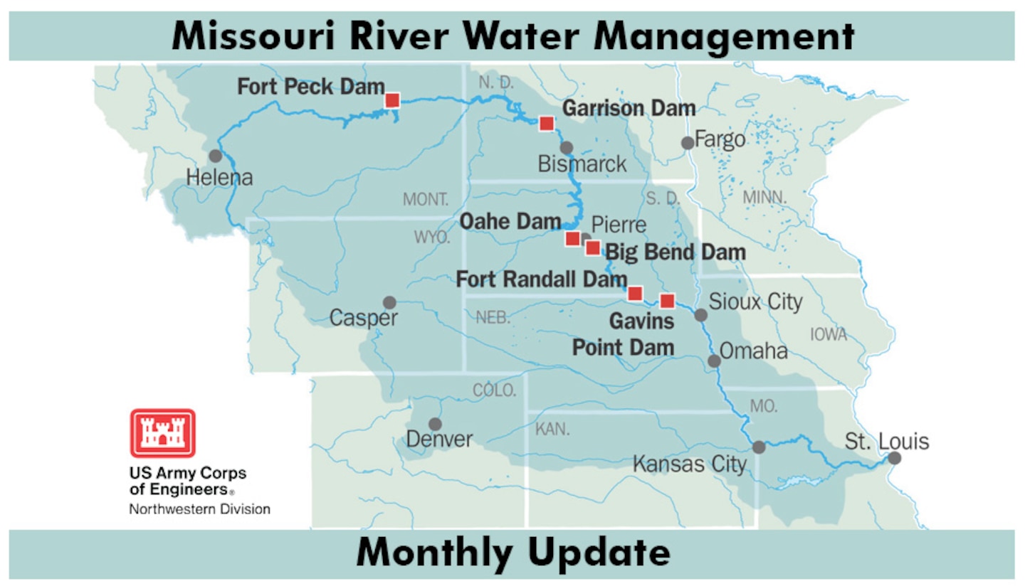 Graphich showing the Missouri River basin and the location of the six U.S. Army Corps of Engineers dams on the main stem of the Missouri River.