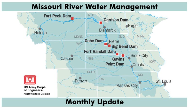 Graphich showing the Missouri River basin and the location of the six U.S. Army Corps of Engineers dams on the main stem of the Missouri River.