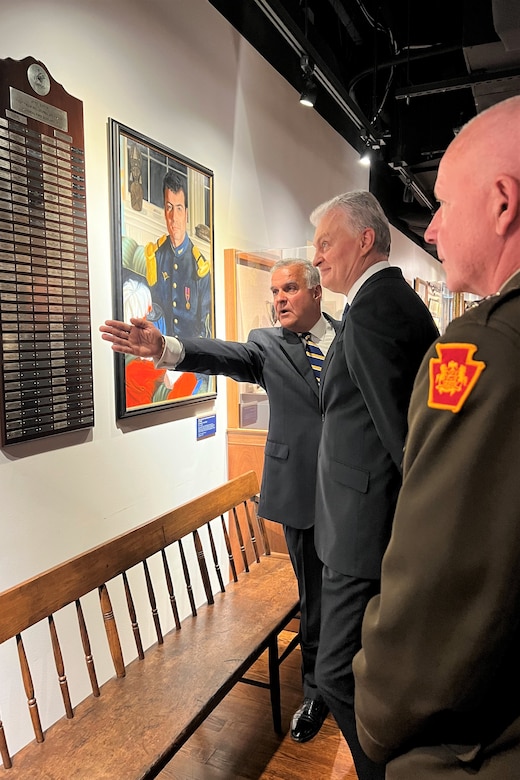 Lithuanian President Gitanas Nauseda visits the First Troop Philadelphia City Calvary Armory on July 2, 2022 in Philadelphia. President Nauseda met with Maj. Gen. Mark J. Schindler, the Adjutant General of Pennsylvania, and leaders of the Pennsylvania Departments of Military and Veterans Affairs (DMVA) and Community and Economic Development (DCED) to discuss economic opportunities and their 29-year state partnership program.