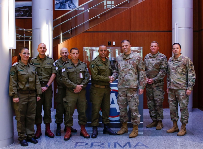 Brig. Gen. Matthew L. Eichburg, Chief of Staff, U.S. Army Central, welcomes Maj. Gen. Tamir Yadaie, Chief of the Israel Ground Forces, to U.S. Army Central Headquarters at Shaw Air Force Base, June 30, 2022. (U.S. Army Central photo by Diamante Byrne) (This photo has been altered for security purposes by blurring out identification badges).