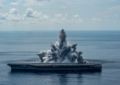 IMAGE: The aircraft carrier USS Gerald R. Ford (CVN 78) successfully completes the third and final scheduled explosive event of Full Ship Shock Trials while underway in the Atlantic Ocean, Aug. 8, 2021. The U.S. Navy conducts shock trials of new ship designs using live explosives to confirm that our warships can continue to meet demanding mission requirements under harsh conditions they might encounter in battle. (U.S. Navy photo by Mass Communication Specialist 3rd Class Novalee Manzella)