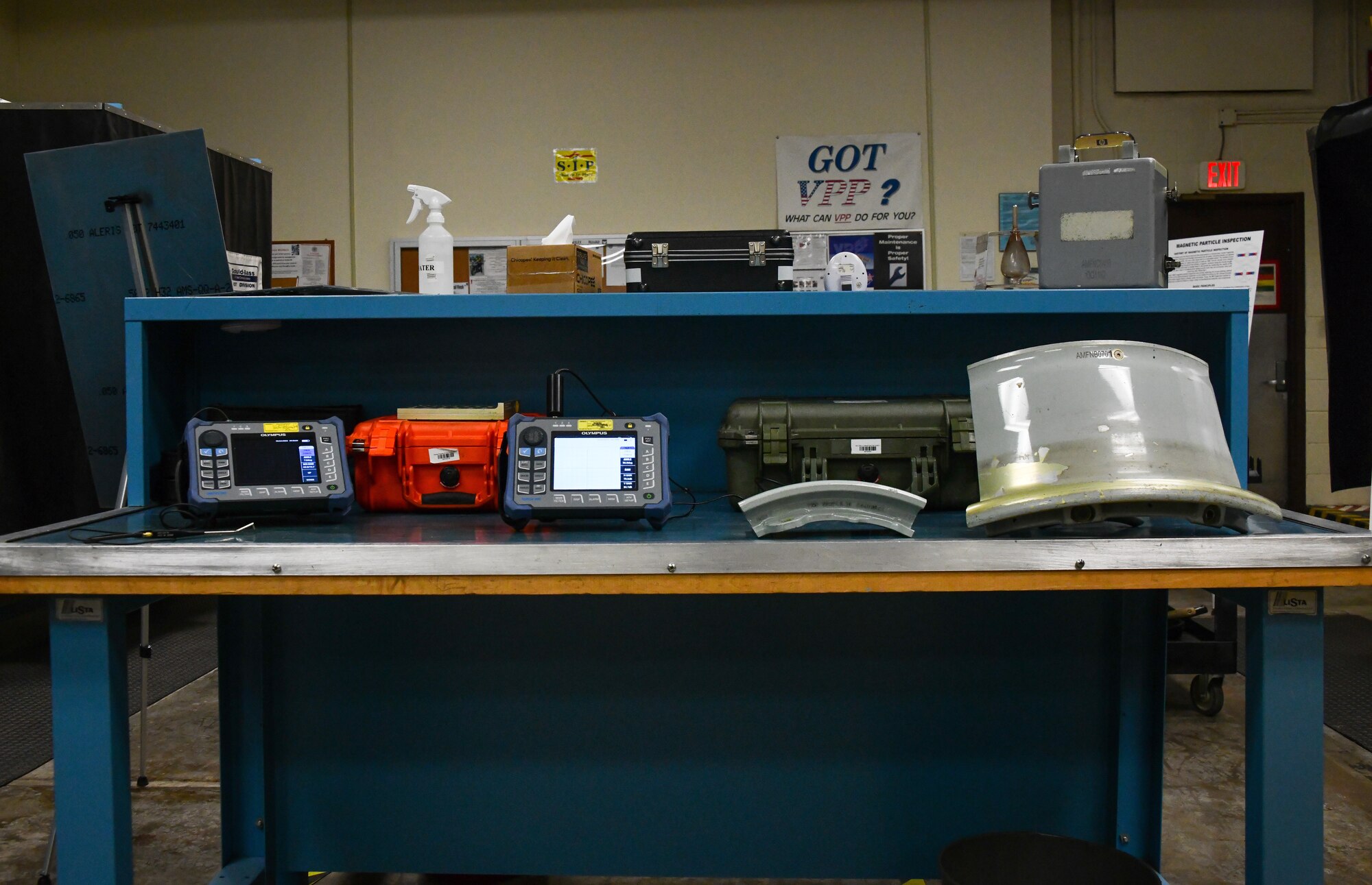 Nondestructive inspection (NDI) equipment is shown at Altus Air Force Base, Oklahoma, June24, 2022. NDI is used to detect cracks and other defects in equipment by using methods such as an eddy current, magnetic particle inspections and dye penetrant testing. (U.S. Air Force photo by Airman 1st Class Miyah Gray)