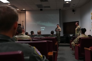 U.S. Air Force Lt. Col. Michael Shahen, 492nd Special Operations Training Group Detachment 2 operations officer, speaks to 14th Flying Training Wing Student Pilots, June 24, 2022, on Columbus Air Force Base, Miss. The 492nd Special Operations Wing is responsible for preparing Air Commandos for worldwide missions in support of joint and coalition special operations through training, innovation, development, and operational testing.