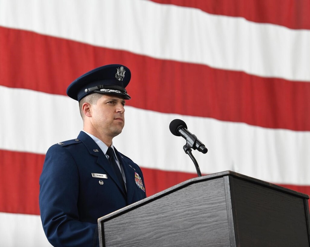 Col. Seth Spanier, the 28th Bomb Wing vice commander, gives a speech during a change of command ceremony at Ellsworth Air Force Base, S.D., July 06, 2022.