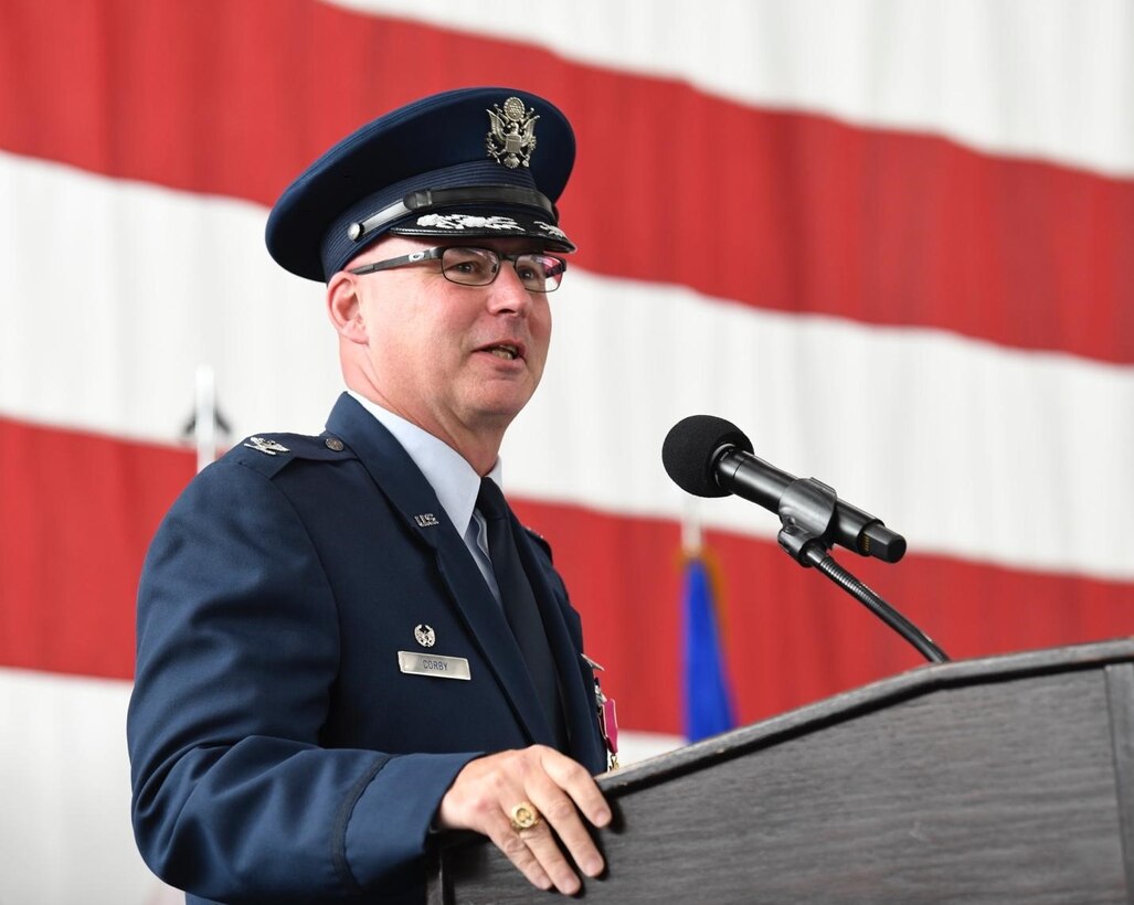 Col. Robert Corby, the outgoing 28th Medical Group commander, gives a speech during his change of command ceremony at Ellsworth Air Force Base, S.D., July 06, 2022.