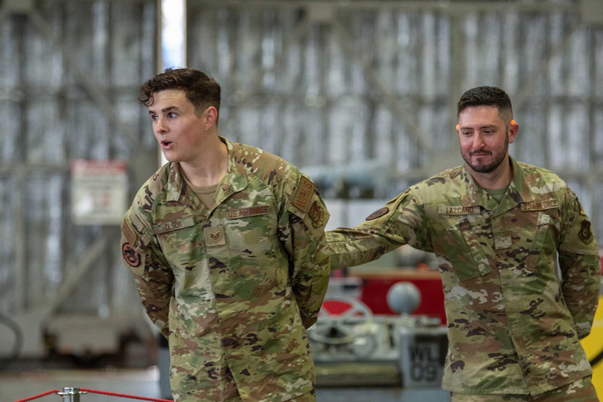 U.S. Air Force Staff Sgt. Todd Olson, 13th Aircraft Maintenance Unit, reacts at the announcement of his winning the second quarter “Jammer” driver competition at Misawa Air Base, Japan, July 1, 2022.