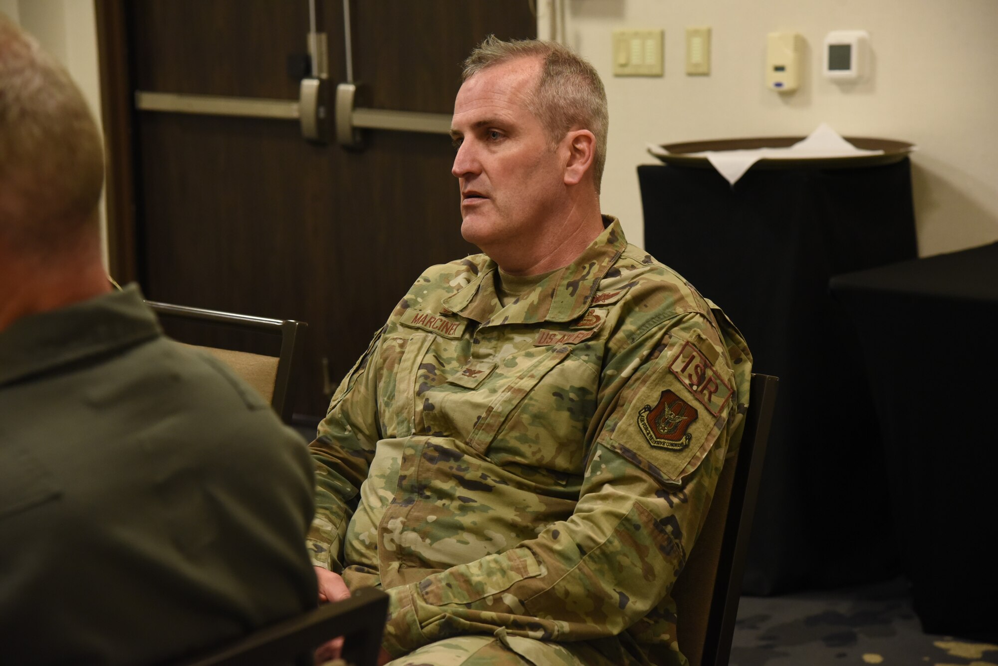 Col. Joseph Marcinek, 655th Intelligence, Surveillance and Reconnaissance Wing commander, attends a roundtable discussion during the Annual Commanders and Command Chiefs management and leadership review event held in Fort Worth, Texas, June 20-23. Tenth Air Force leaders were provided the opportunity to discuss and resolve challenges across the Numbered Air Force. (U.S. Air Force photo by 2nd Lt. Mary A. Andom)
