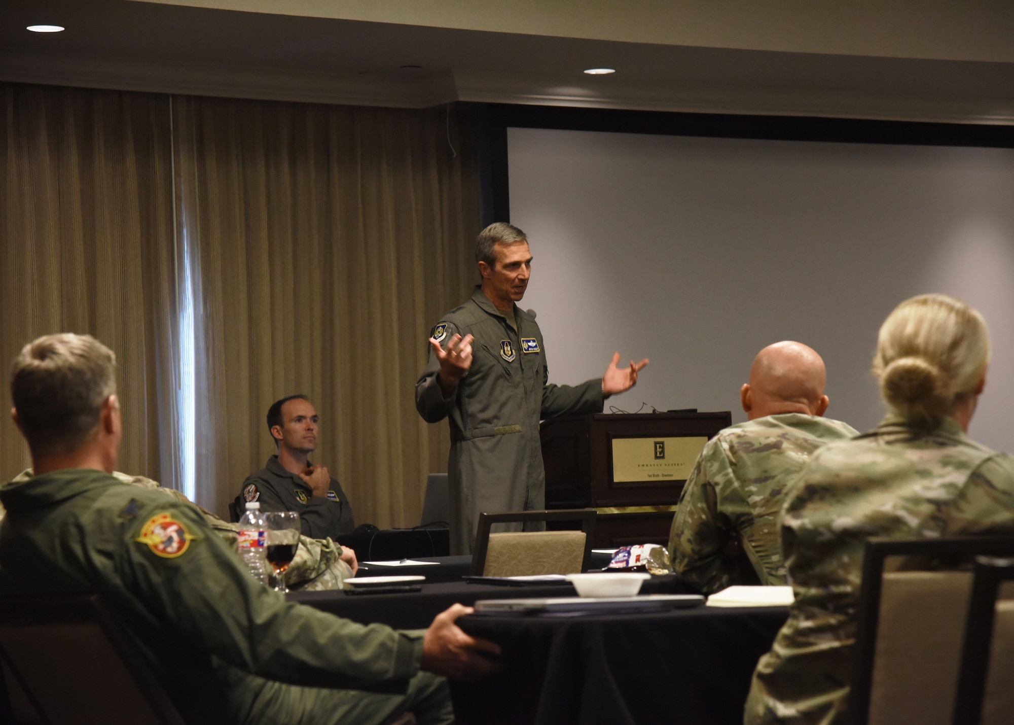 Maj. Gen. Bryan P. Radliff, 10th Air Force commander, addresses seniors leaders from the 11 subordinate wings and six direct reporting units during the Annual Commanders and Command Chiefs management and leadership review event held in Fort Worth, Texas, June 20-23. Radliff sat down with command chiefs and senior leaders to hear specific challenges encountered in their units. (U.S. Air Force photo by 2nd Lt. Mary A. Andom)